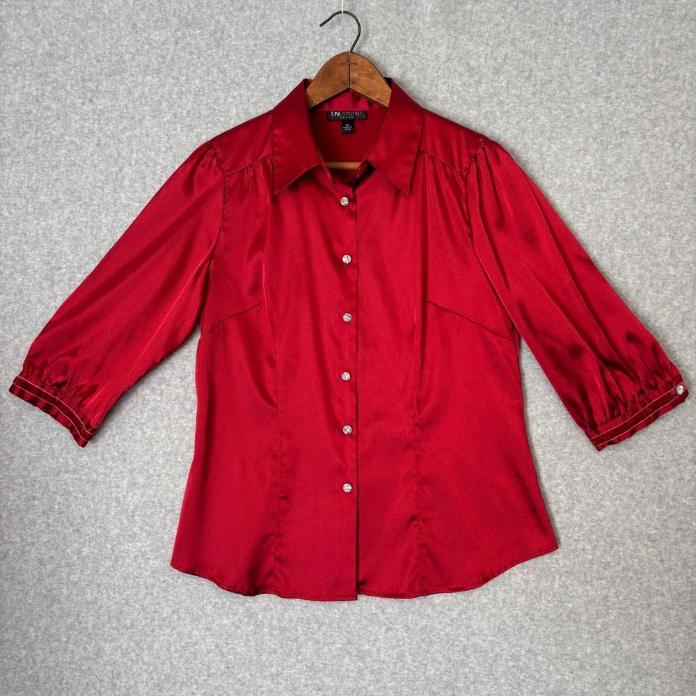 I.N.‎ Studio Petite Large Women's Red Blouse 3/4 Sleeve Velvet Trim Sexy Top